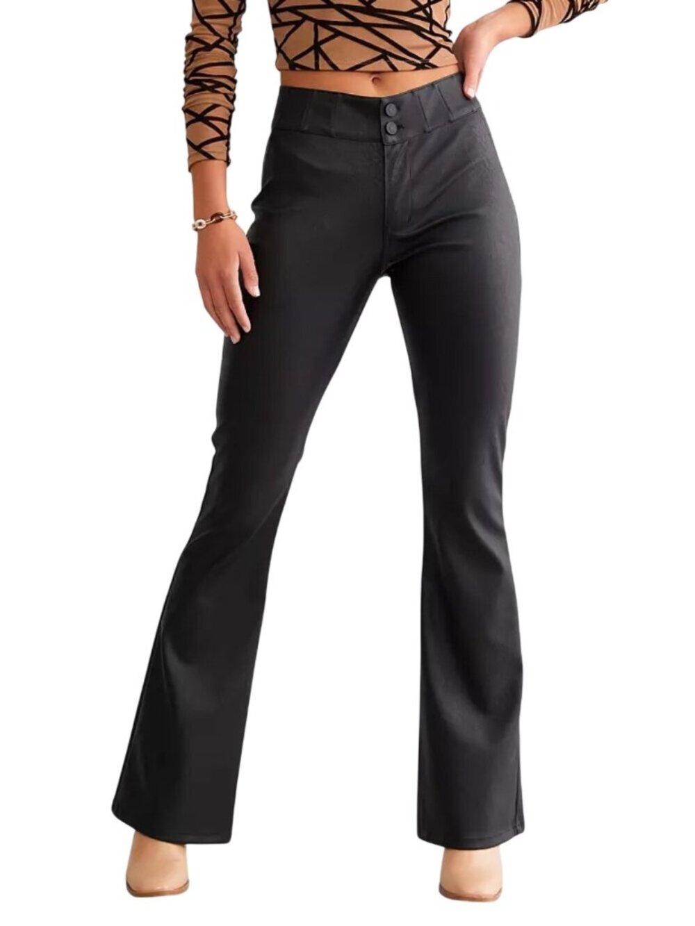 Kancan Buckle High Rise Faux Leather Pleather Flare Pants Sz 32 Moto Rock Grunge